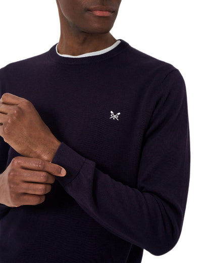 Heritage Dark Navy Coloured Crew Clothing Mens Organic Cotton Crew Neck Jumper on white background 