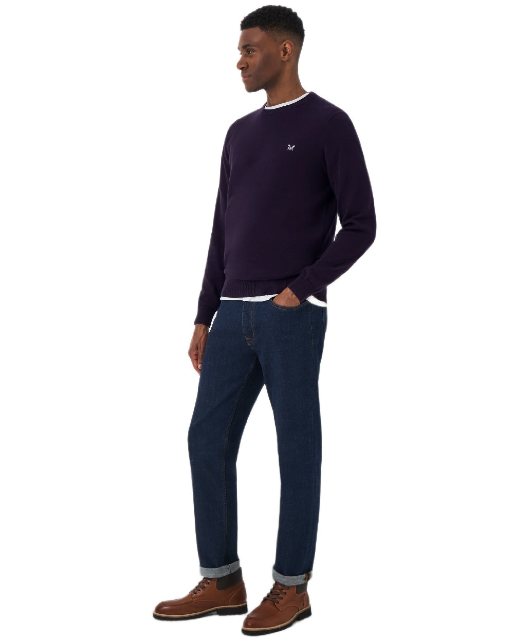 Heritage Dark Navy Coloured Crew Clothing Mens Organic Cotton Crew Neck Jumper on white background 