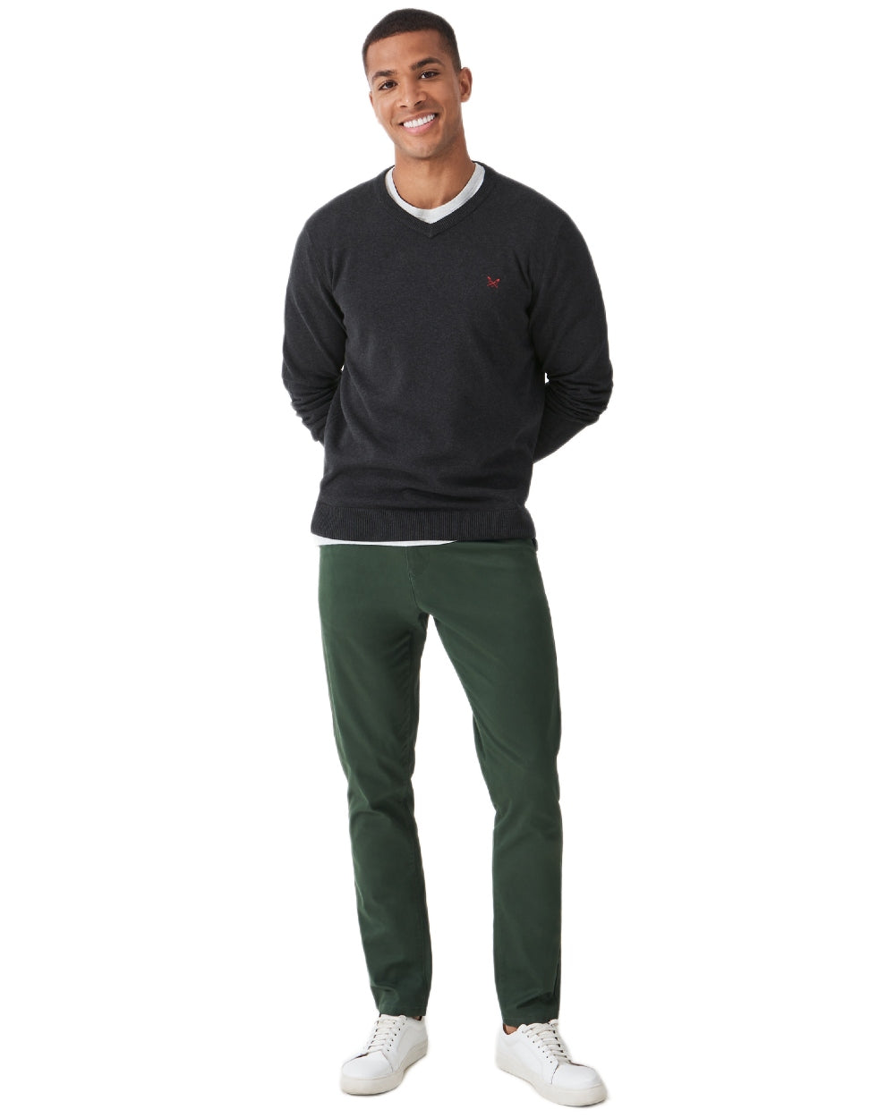 Charcoal Marl Coloured Crew Clothing Mens Organic Cotton V Neck Jumper on white background 
