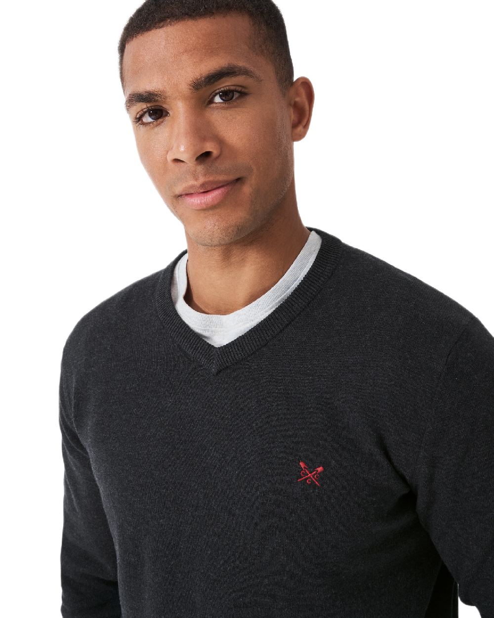 Charcoal Marl Coloured Crew Clothing Mens Organic Cotton V Neck Jumper on white background 
