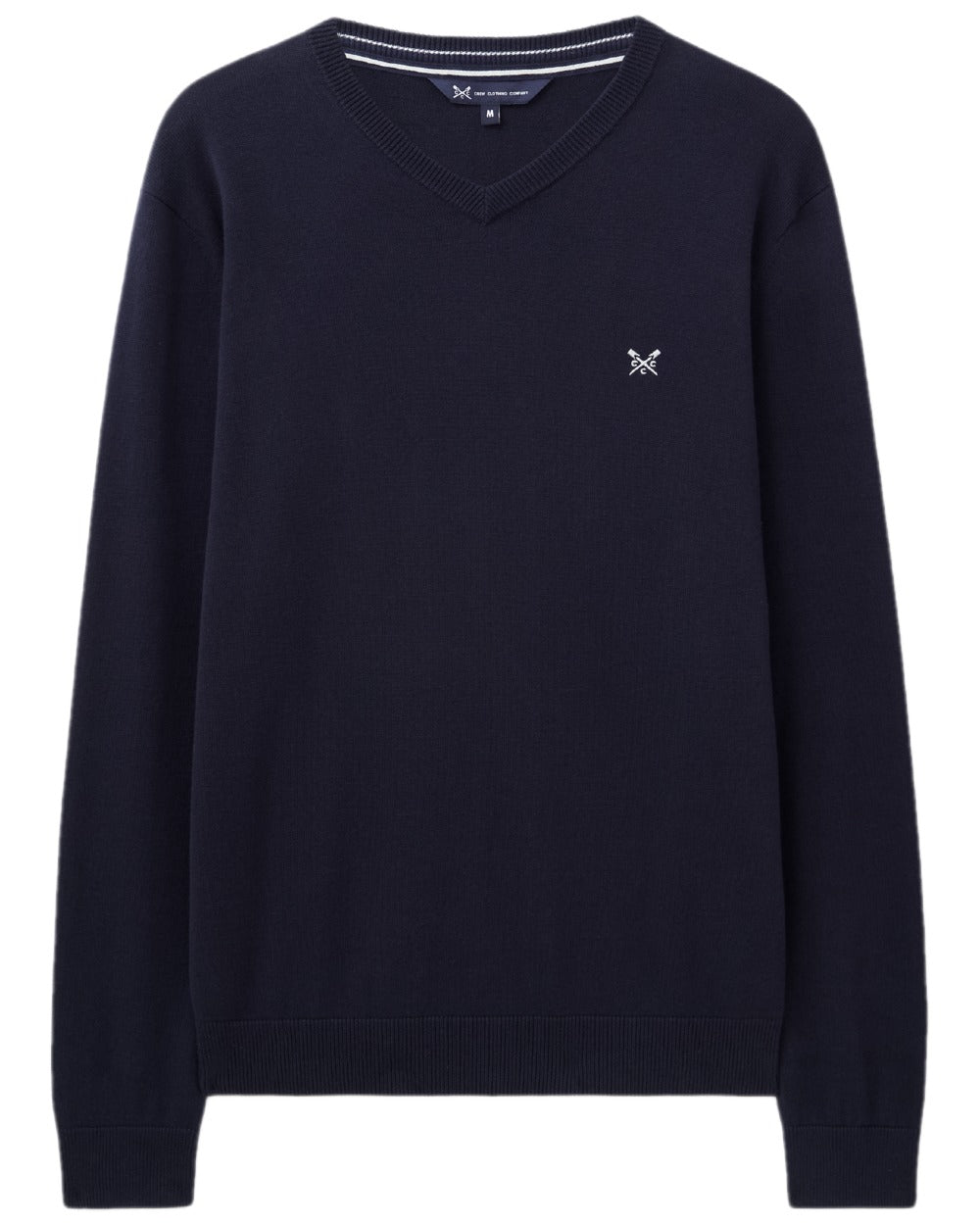 Heritage Dark Navy Coloured Crew Clothing Mens Organic Cotton V Neck Jumper on white background 