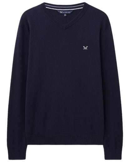 Heritage Dark Navy Coloured Crew Clothing Mens Organic Cotton V Neck Jumper on white background 