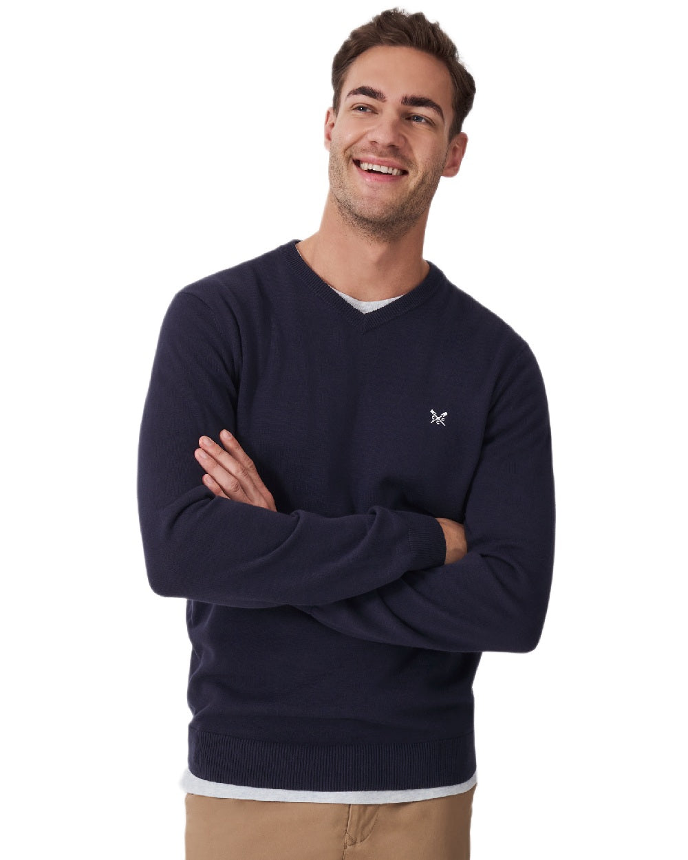 Heritage Dark Navy Coloured Crew Clothing Mens Organic Cotton V Neck Jumper on white background 
