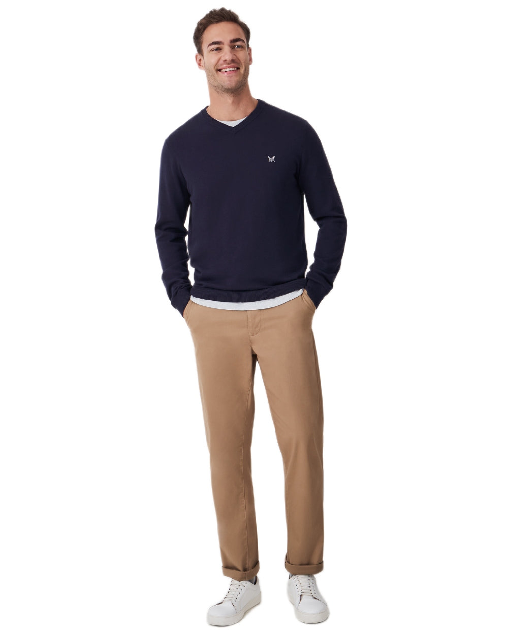 Heritage Dark Navy Coloured Crew Clothing Mens Organic Cotton V Neck Jumper on white background 