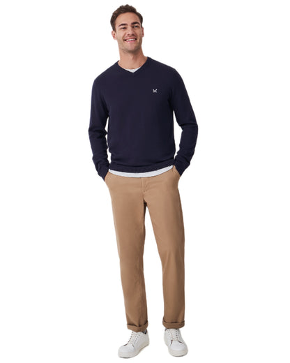 Heritage Dark Navy Coloured Crew Clothing Mens Organic Cotton V Neck Jumper on white background 