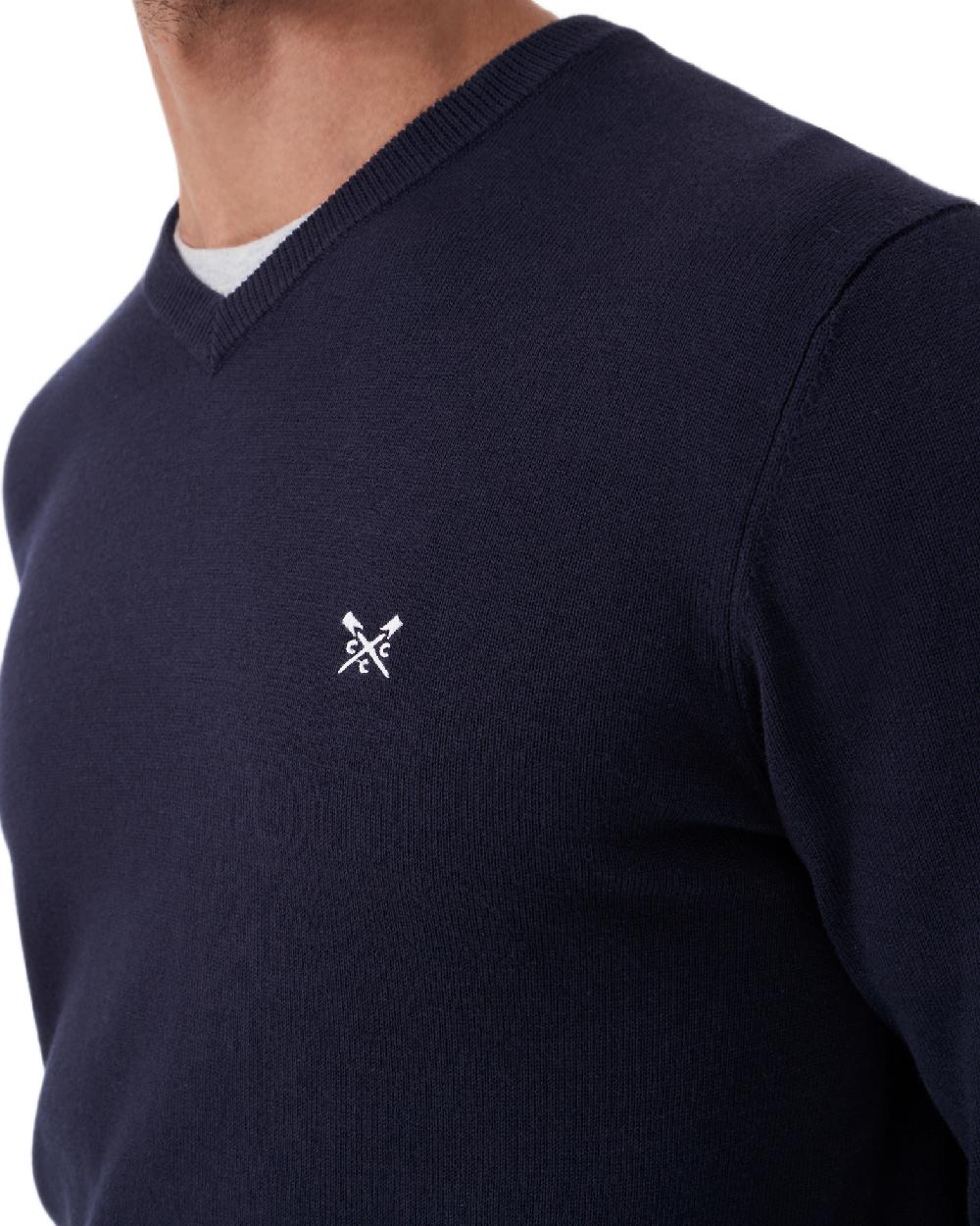 Heritage Dark Navy Coloured Crew Clothing Mens Organic Cotton V Neck Jumper on white background 