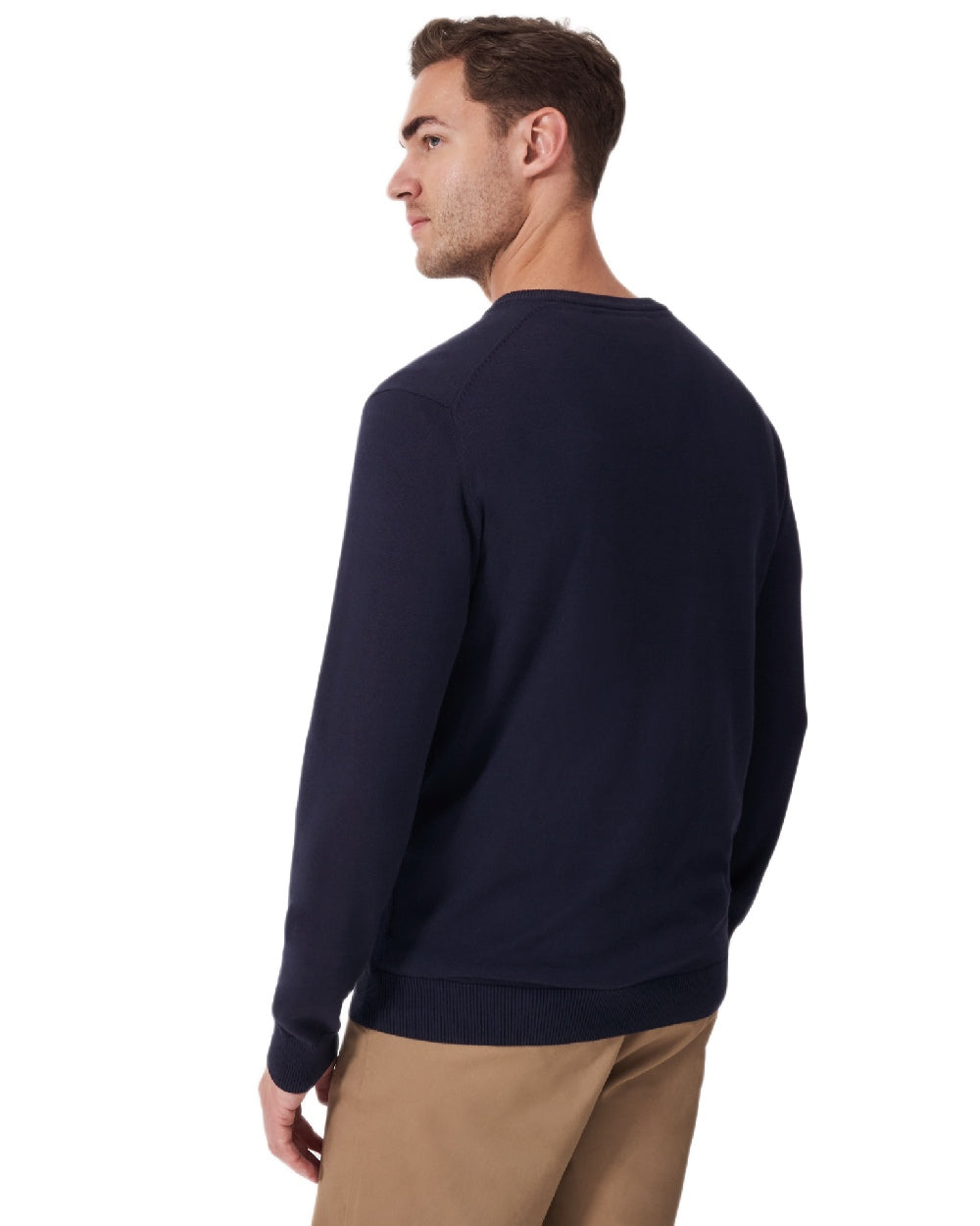 Heritage Dark Navy Coloured Crew Clothing Mens Organic Cotton V Neck Jumper on white background 