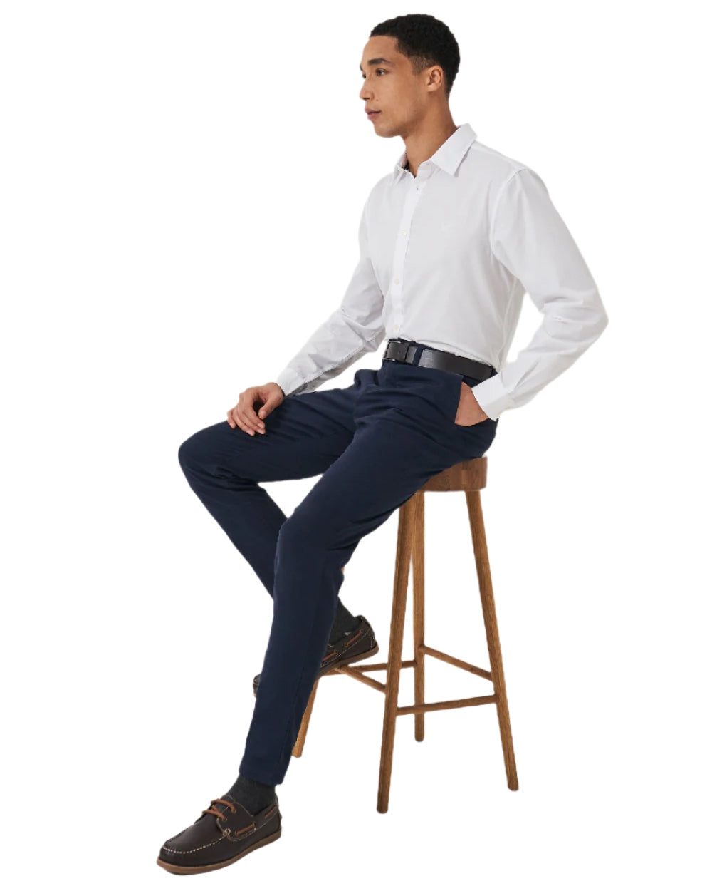 Heritage Dark Navy Coloured Crew Clothing Mens Slim Chino Trousers on white background 
