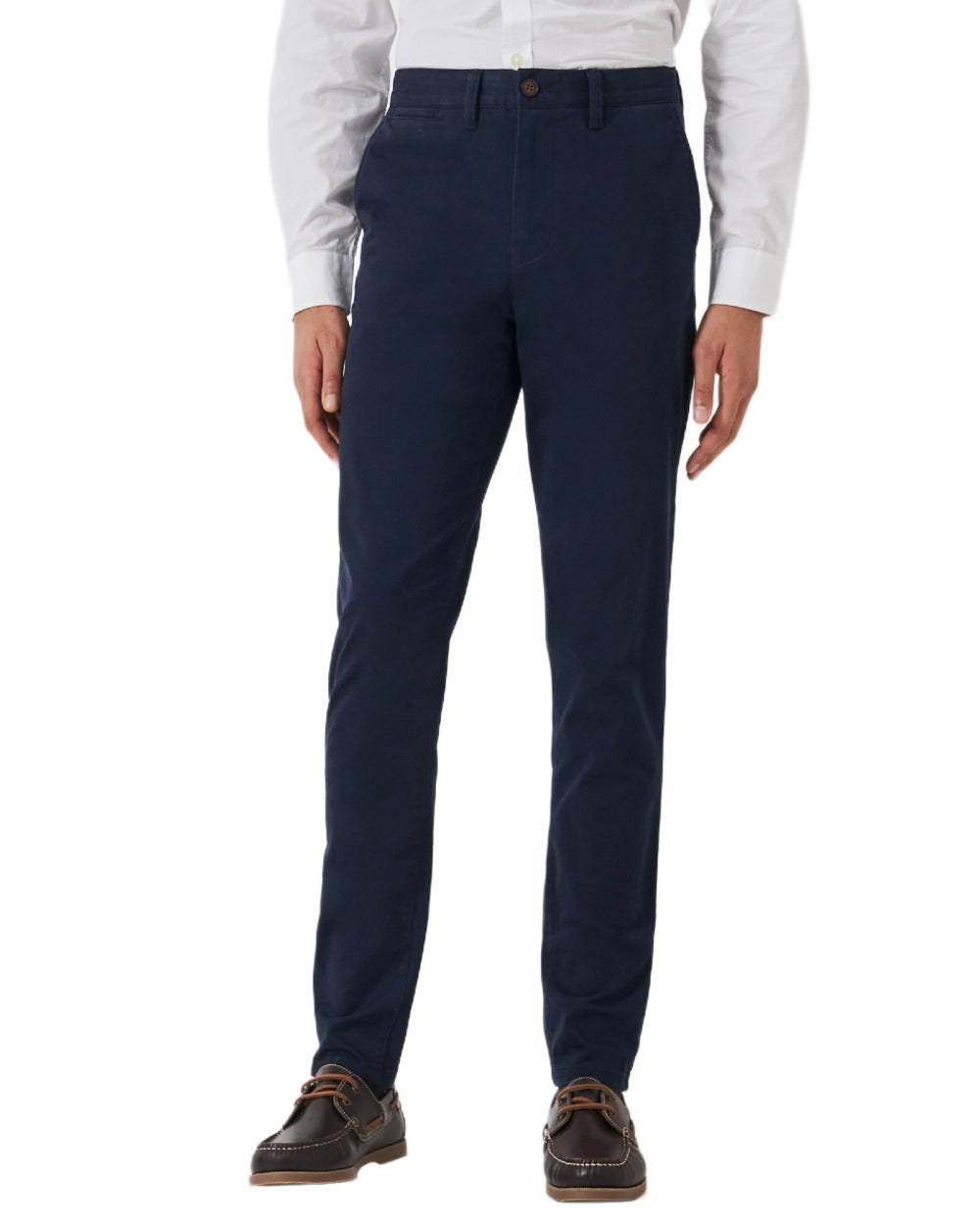 Heritage Dark Navy Coloured Crew Clothing Mens Slim Chino Trousers on white background 