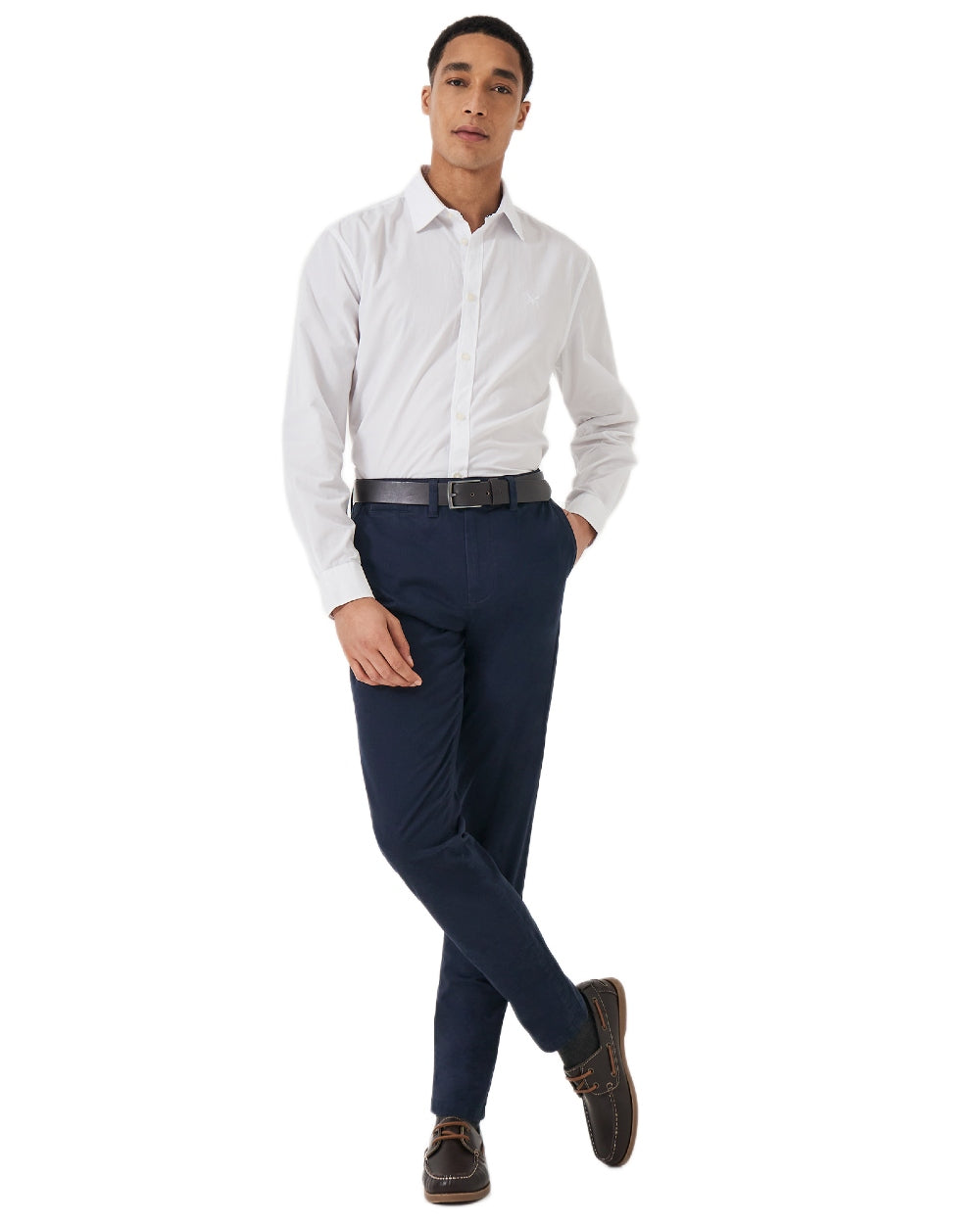 Heritage Dark Navy Coloured Crew Clothing Mens Slim Chino Trousers on white background 