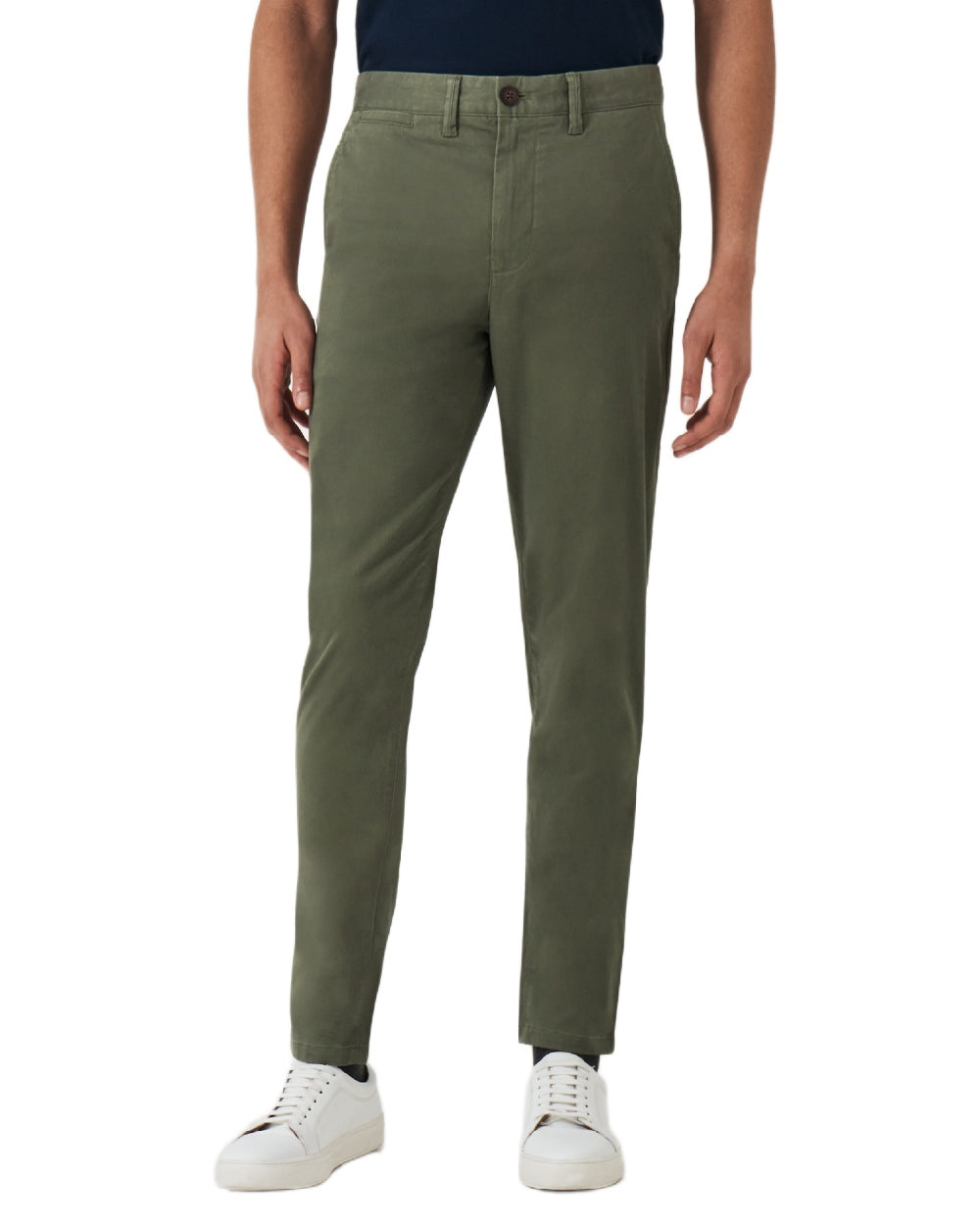 Heritage Olive Coloured Crew Clothing Mens Slim Chino Trousers on white background 