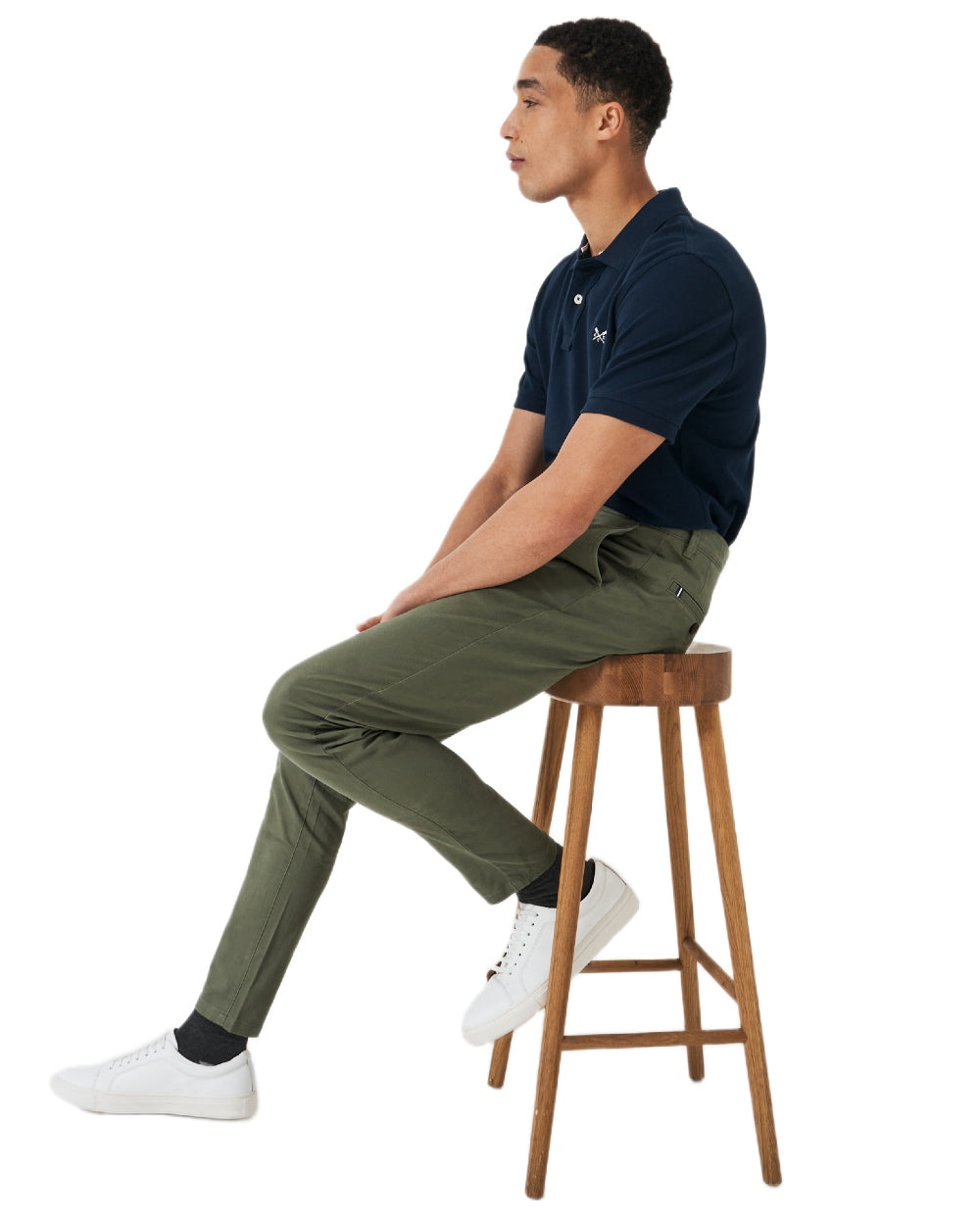 Heritage Olive Coloured Crew Clothing Mens Slim Chino Trousers on white background 