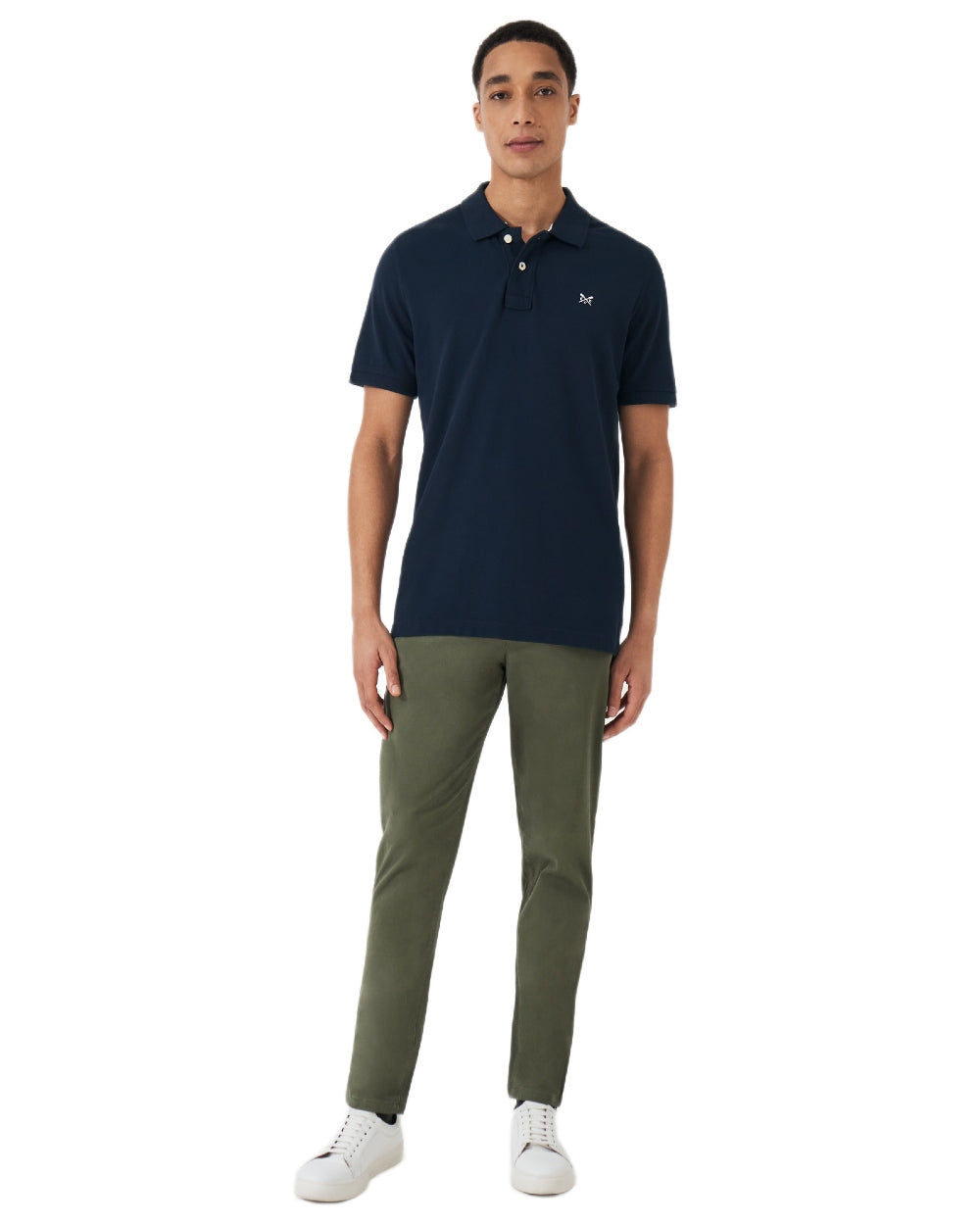 Heritage Olive Coloured Crew Clothing Mens Slim Chino Trousers on white background 