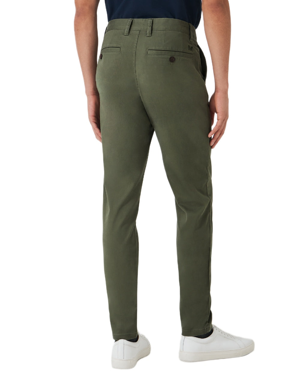 Heritage Olive Coloured Crew Clothing Mens Slim Chino Trousers on white background 