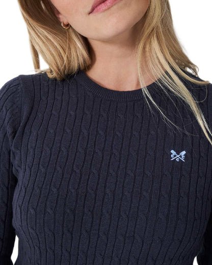 Heritage Navy Coloured Crew Clothing Womens Crew Neck Heritage Cable Knit Jumper on white background 