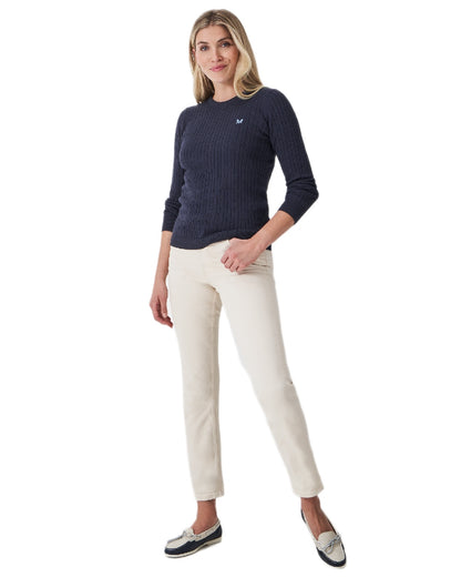 Heritage Navy Coloured Crew Clothing Womens Crew Neck Heritage Cable Knit Jumper on white background 