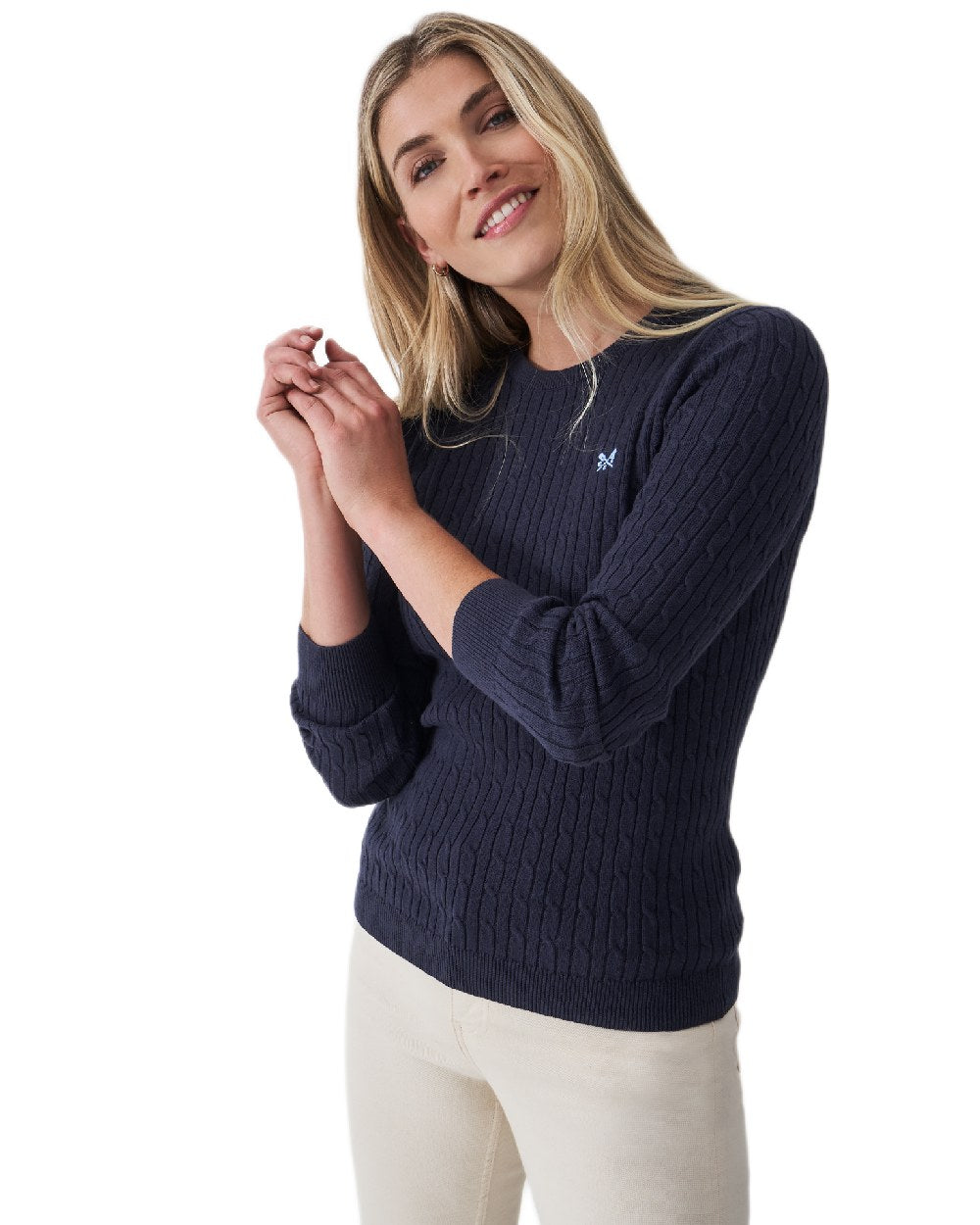 Heritage Navy Coloured Crew Clothing Womens Crew Neck Heritage Cable Knit Jumper on white background 