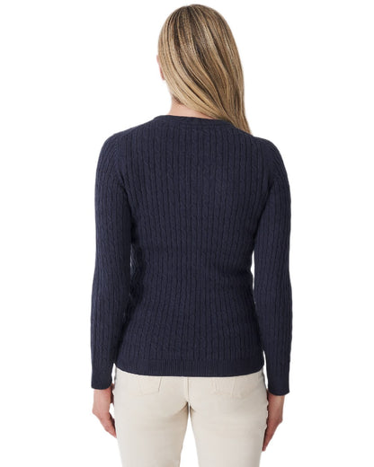 Heritage Navy Coloured Crew Clothing Womens Crew Neck Heritage Cable Knit Jumper on white background 
