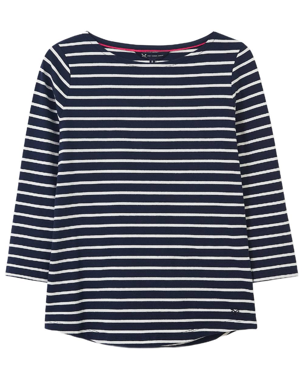 Navy White Stripe Coloured Crew Clothing Womens Essential Breton Top on white background 