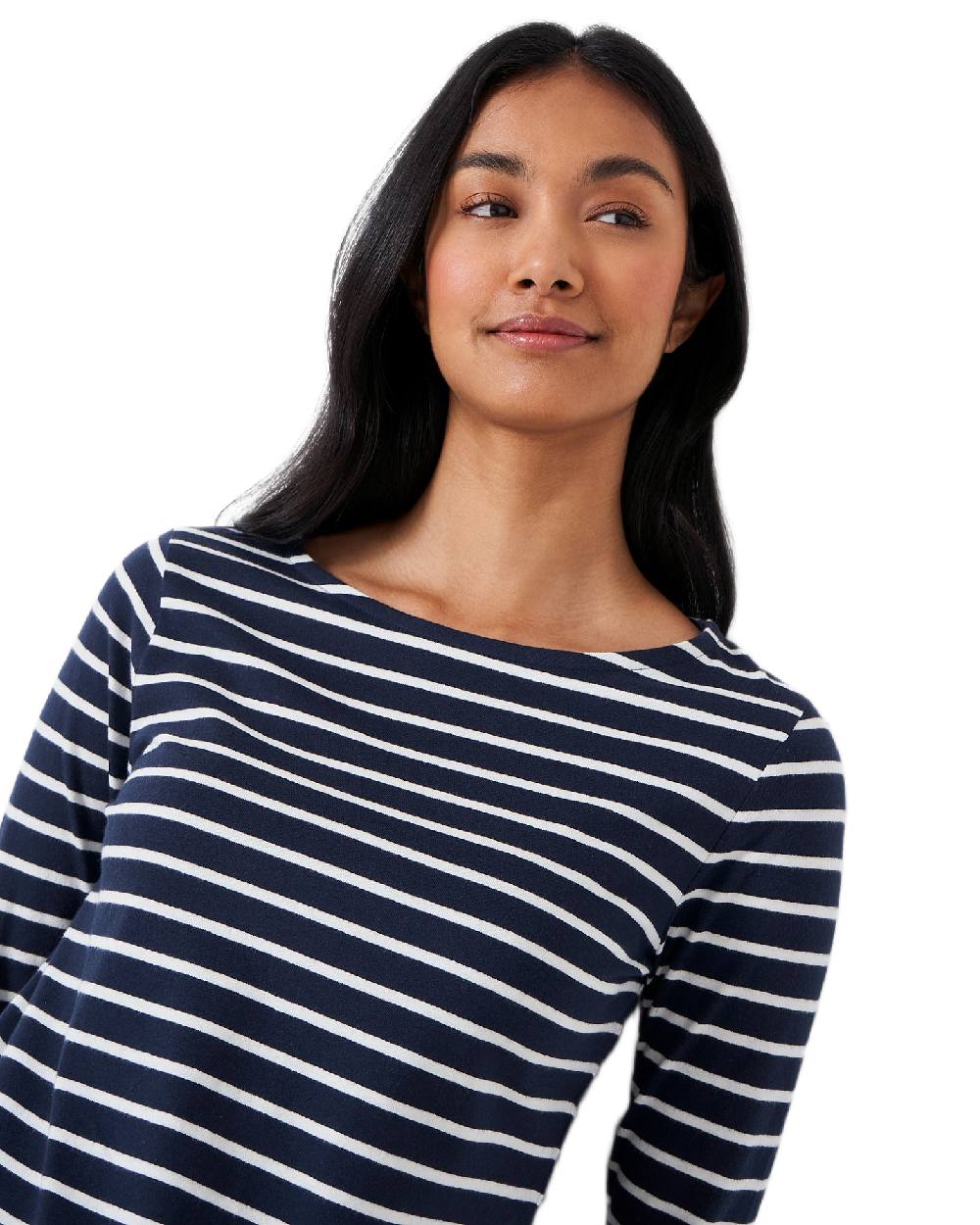 Navy White Stripe Coloured Crew Clothing Womens Essential Breton Top on white background 