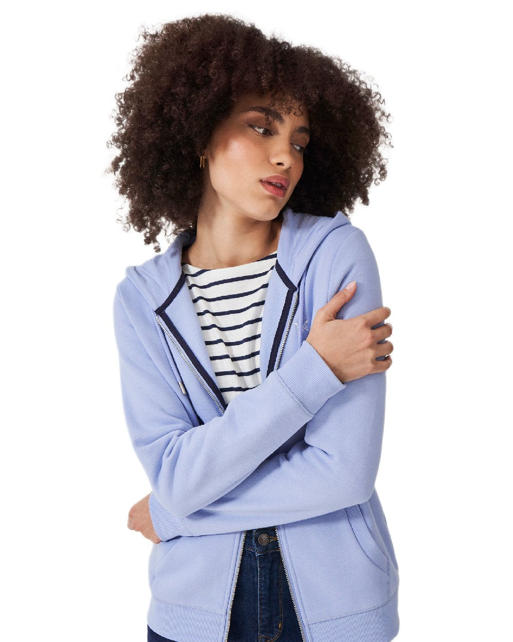 Blue Coloured Crew Clothing Womens Heritage Zip Through Hoodie on white background 