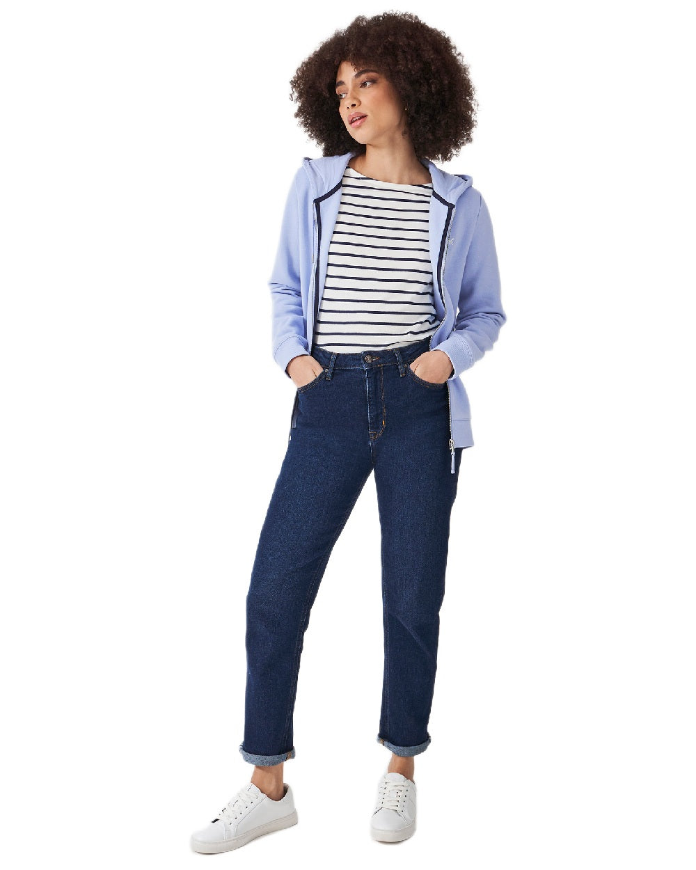 Blue Coloured Crew Clothing Womens Heritage Zip Through Hoodie on white background 