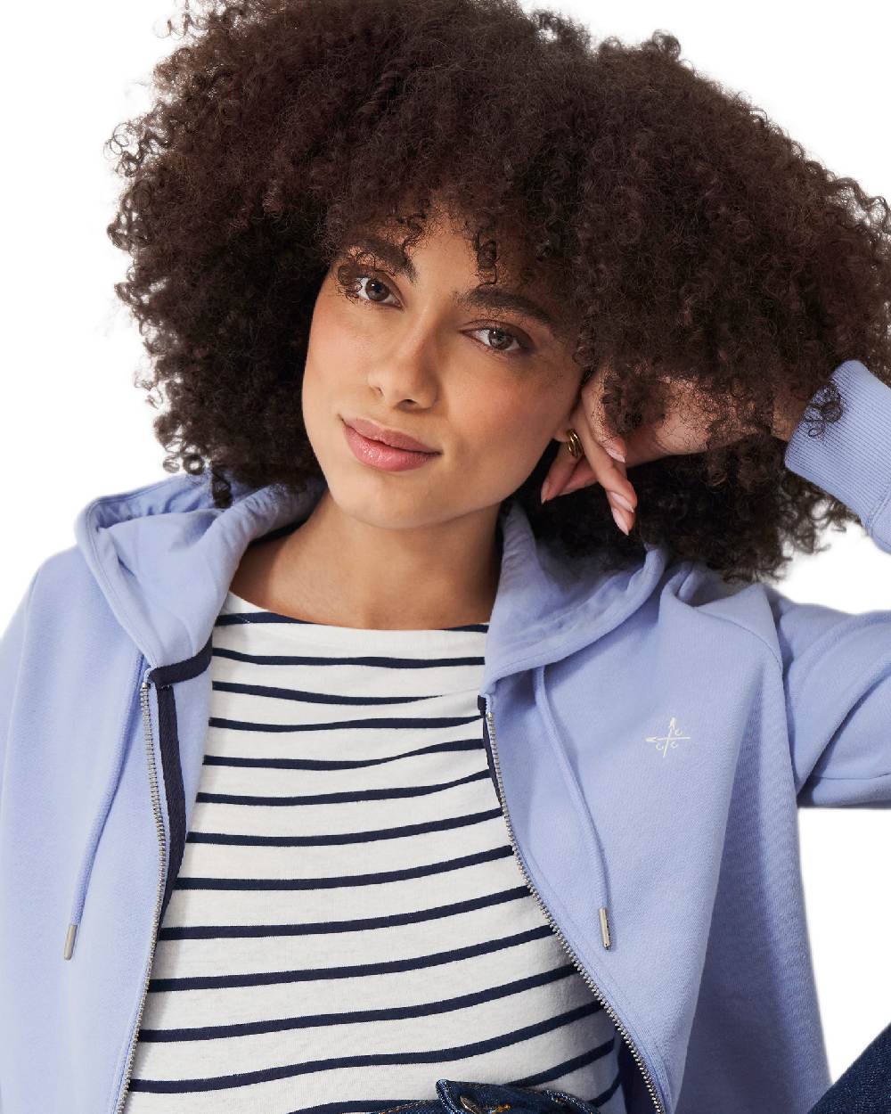 Blue Coloured Crew Clothing Womens Heritage Zip Through Hoodie on white background 