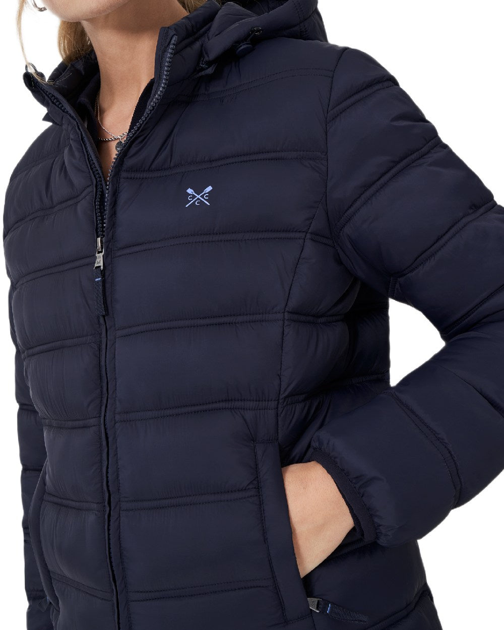 Dark Navy Coloured Crew Clothing Womens Lightweight Padded Coat on white background 