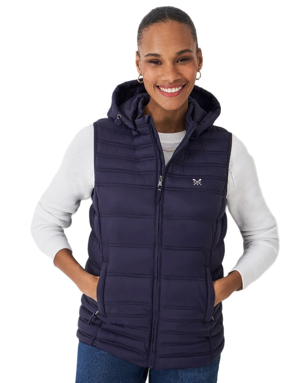 Dark Navy Coloured Crew Clothing Womens Lightweight Padded Gilet on white background 