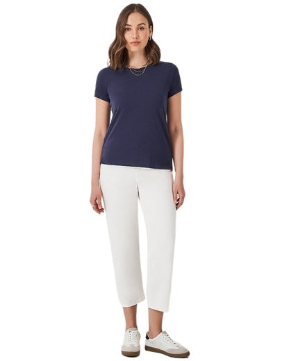 Navy coloured Crew Clothing Womens Perfect Slub Crew Neck T-Shirt on white background 