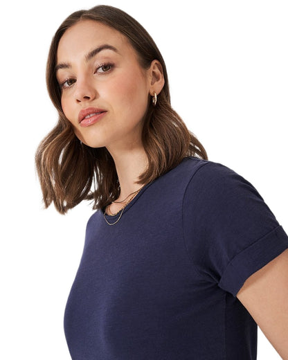 Navy coloured Crew Clothing Womens Perfect Slub Crew Neck T-Shirt on white background 