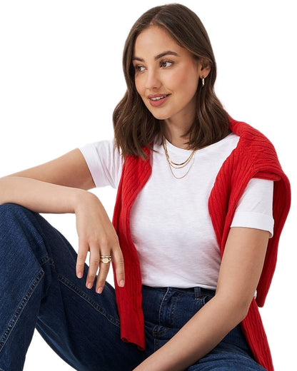 White coloured Crew Clothing Womens Perfect Slub Crew Neck T-Shirt on white background 