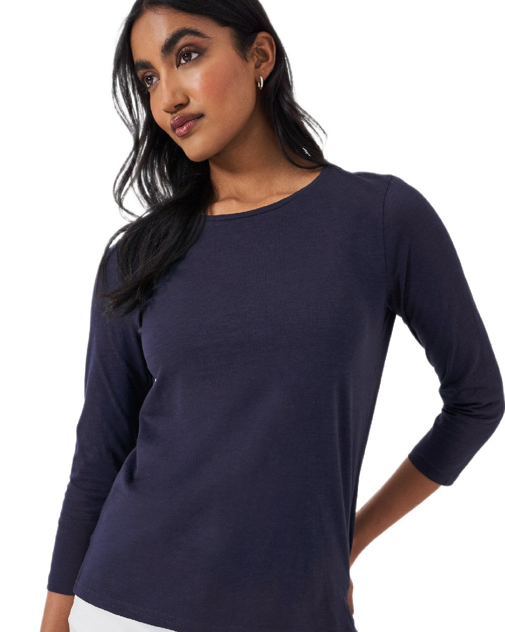 Navy Coloured Crew Clothing Womens Perfect Three Quarter Sleeves Slub T-Shirt on white background 