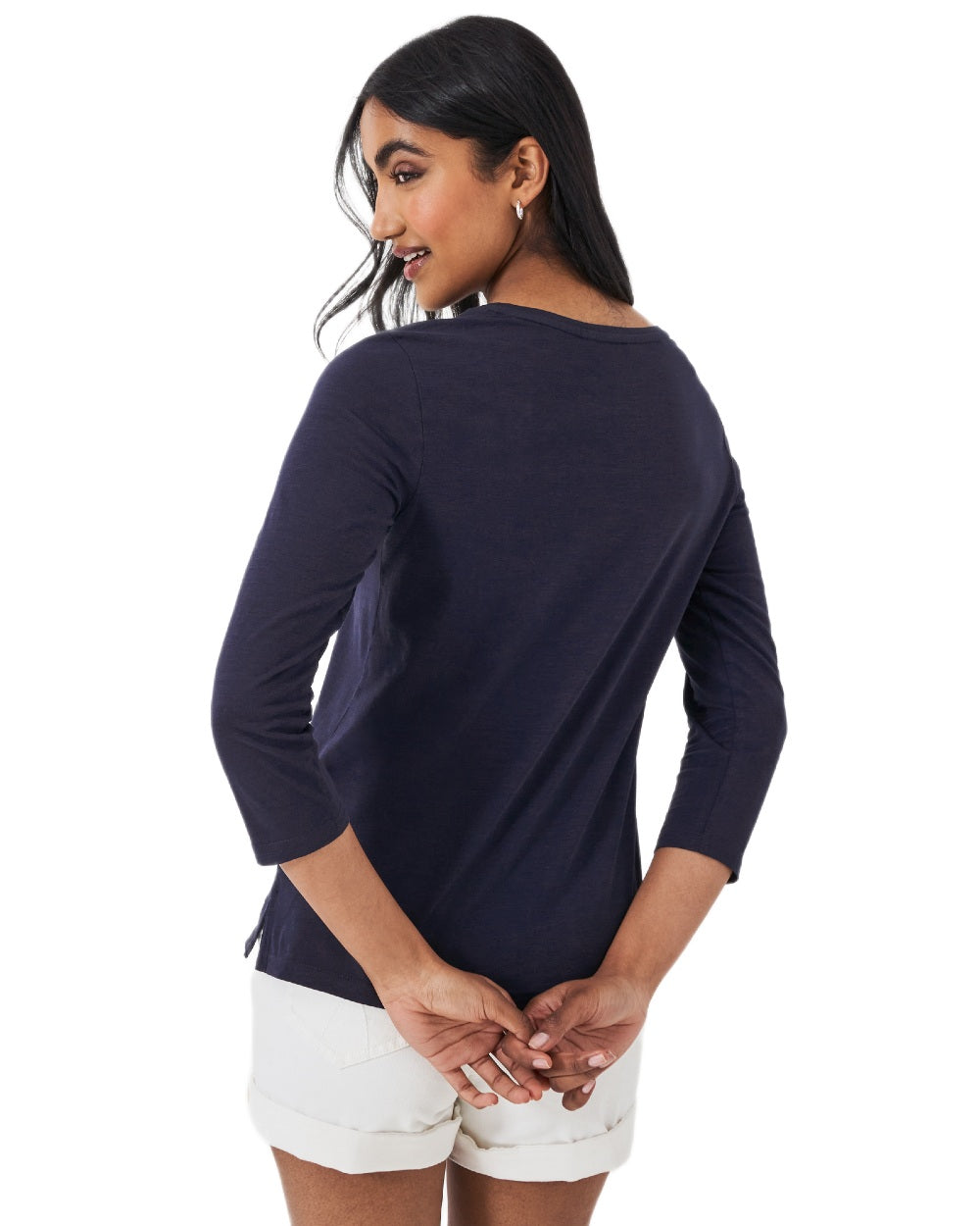 Navy Coloured Crew Clothing Womens Perfect Three Quarter Sleeves Slub T-Shirt on white background 