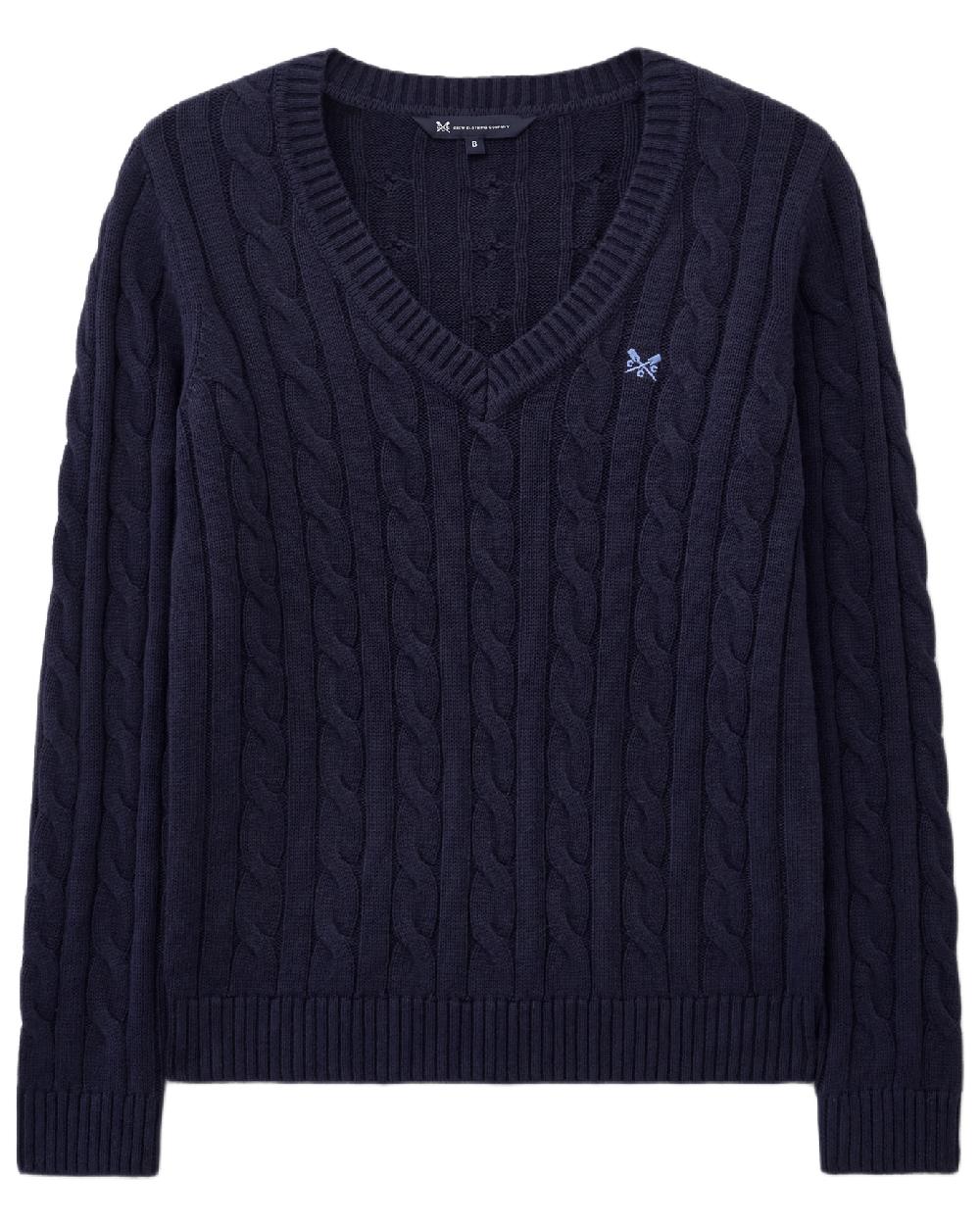 Heritage Navy Coloured Crew Clothing Womens V Neck Chunky Heritage Cable Knit Jumper on white background 