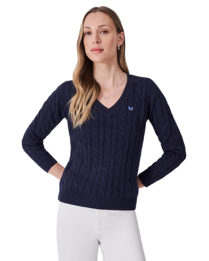 Heritage Navy Coloured Crew Clothing Womens V Neck Chunky Heritage Cable Knit Jumper on white background 