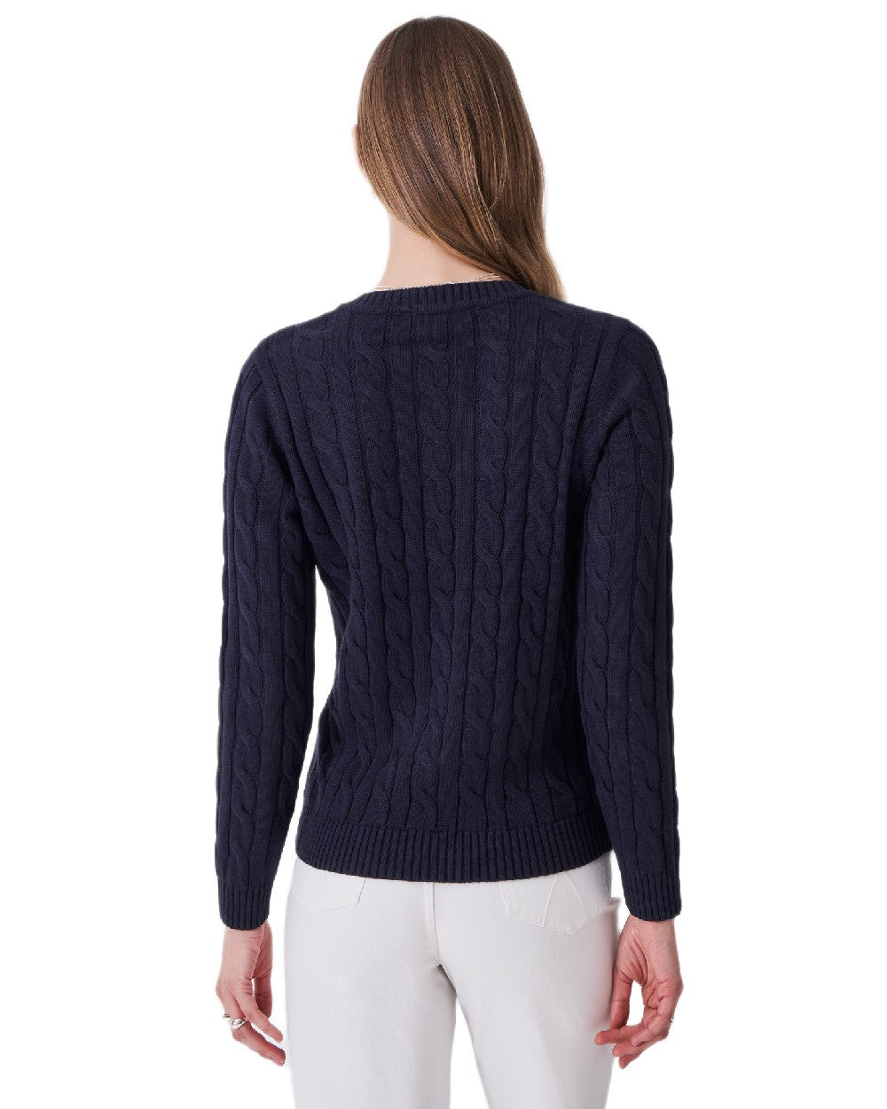 Heritage Navy Coloured Crew Clothing Womens V Neck Chunky Heritage Cable Knit Jumper on white background 