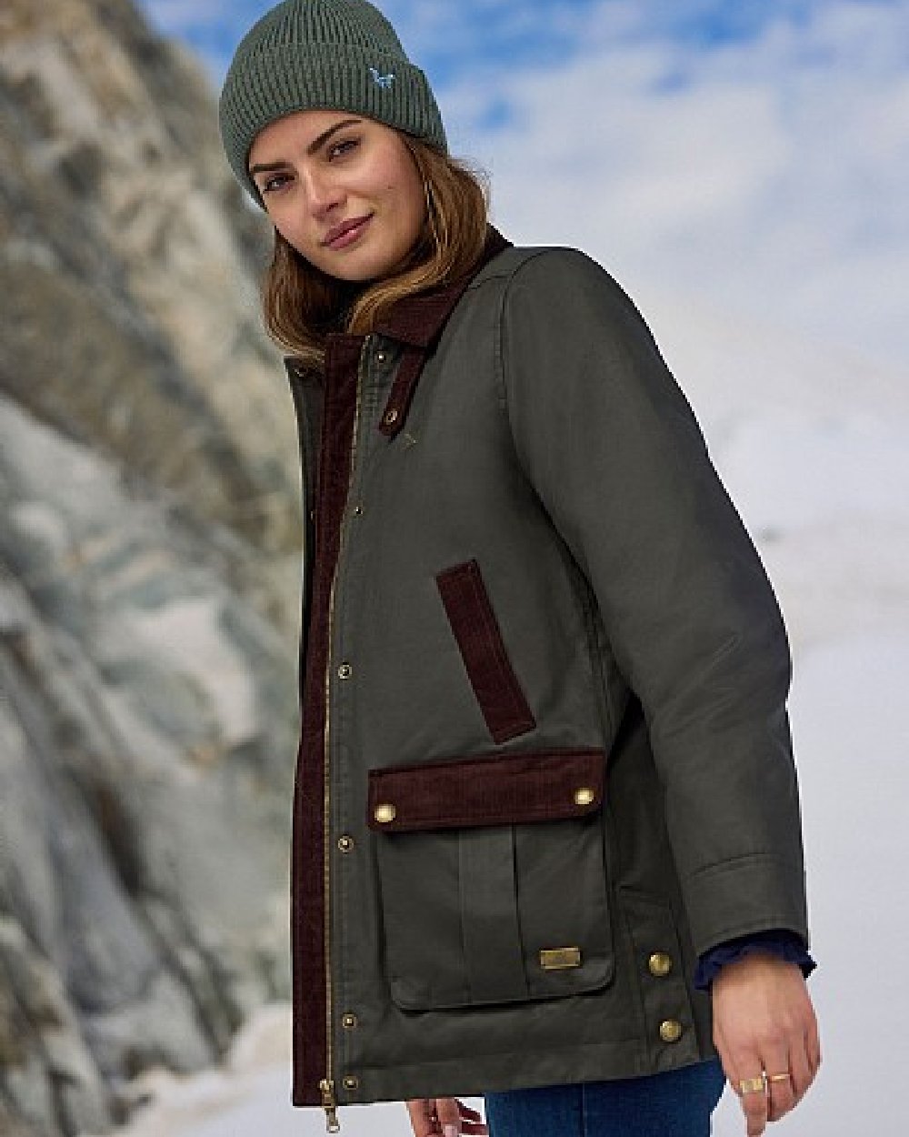 Green Coloured Crew Clothing Womens Wax Jacket on outdoor background 