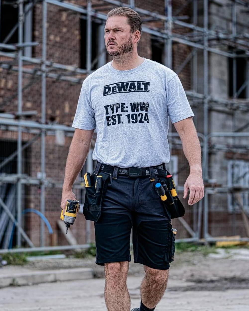 Grey Black Coloured DeWalt Hamden Shorts on outdoor background 