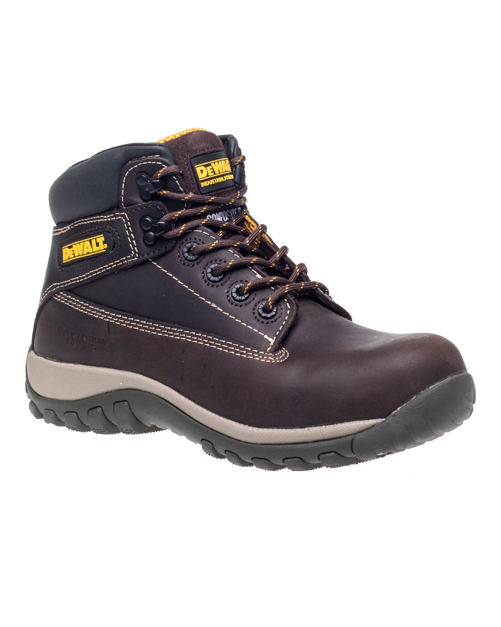 Brown Coloured DeWalt Hammer Non-Metallic Safety Boot on white background 