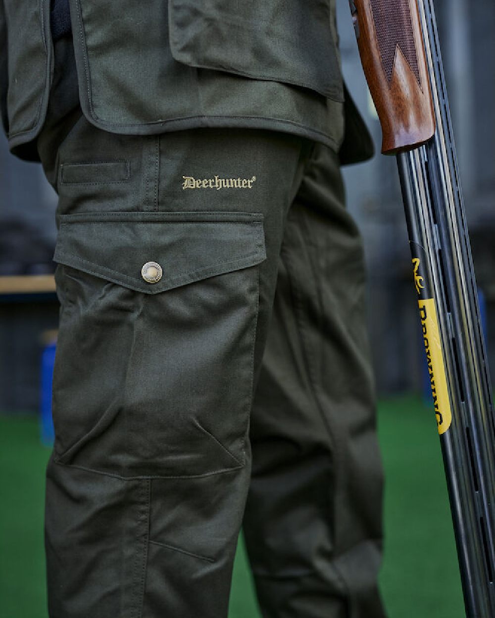Timber coloured Deerhunter Atlas Trousers on blurry background 