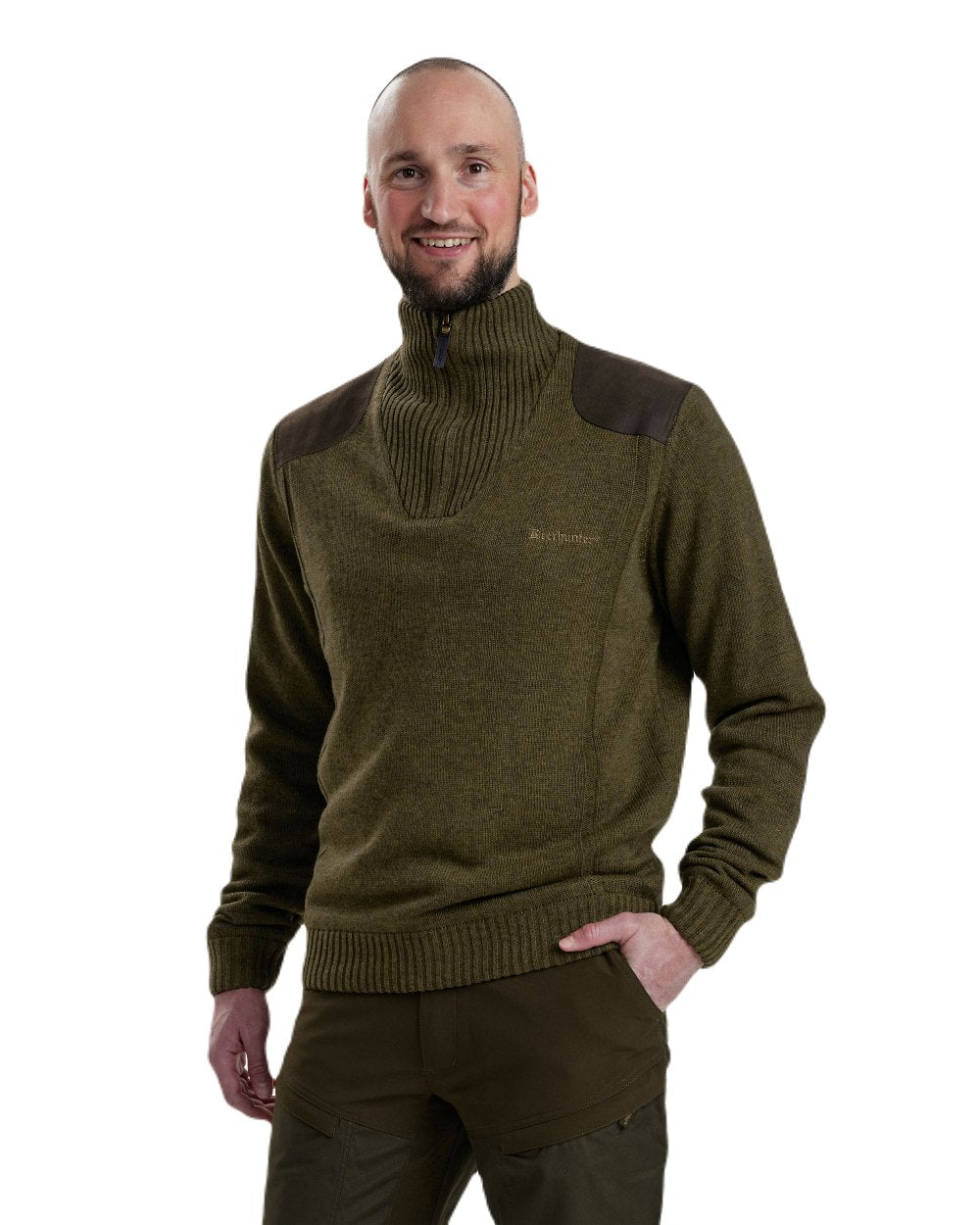 Cypress coloured Deerhunter Carlisle Knit with Stormliner Zip Neck Sweater on white background 