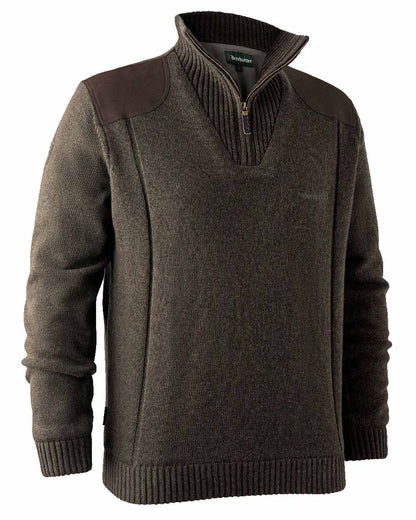 Dark Elm coloured Deerhunter Carlisle Knit with Stormliner Zip Neck Sweater on white background 