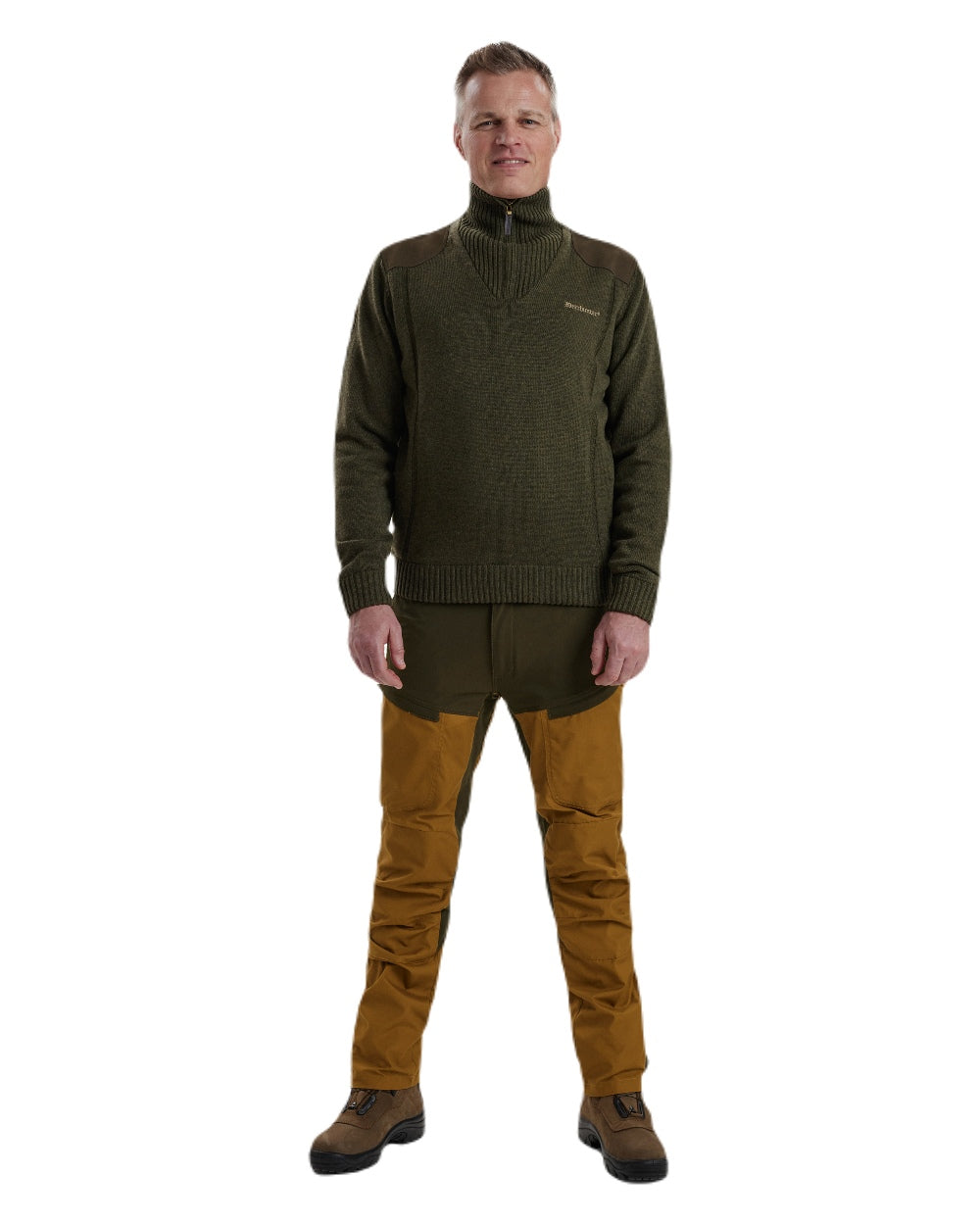 Green Melange coloured Deerhunter Carlisle Knit with Stormliner Zip Neck Sweater on white background 