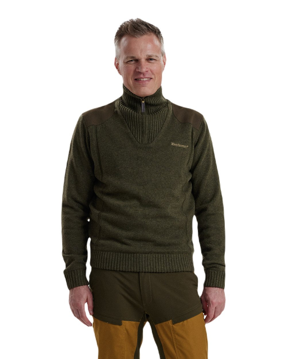 Green Melange coloured Deerhunter Carlisle Knit with Stormliner Zip Neck Sweater on white background 