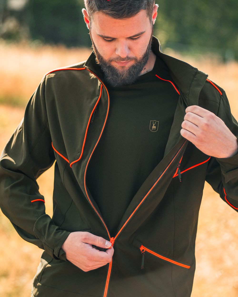 Forest Green coloured Deerhunter Chamois Jacket on forest background 