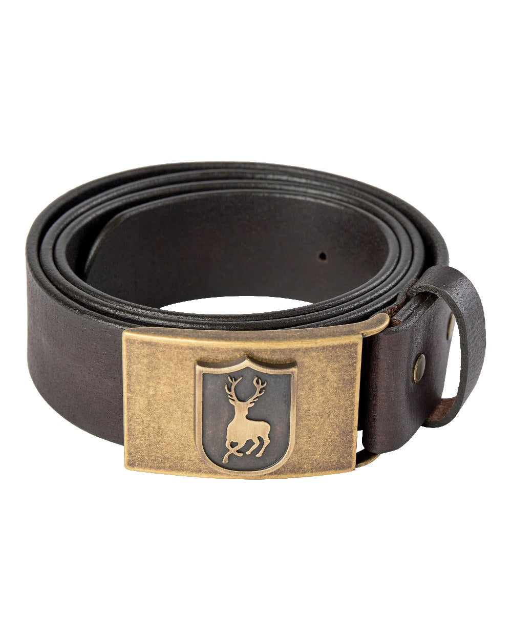 Dark Brown coloured Deerhunter Deer Buckle Leather Belt on white background 