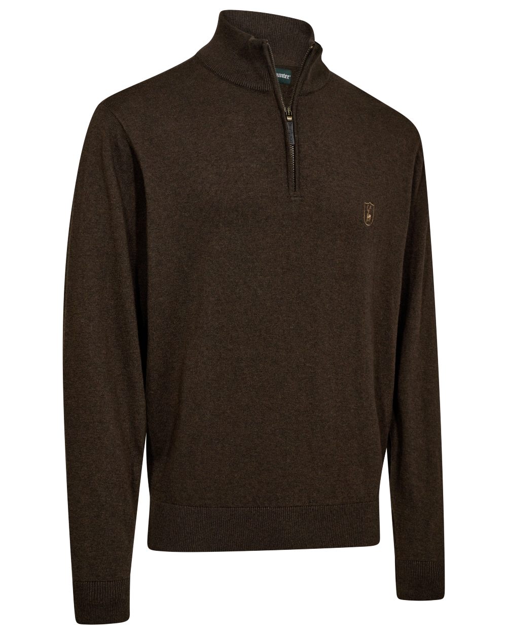 Brown Melange coloured Deerhunter Harrington Half Zip Knit Sweater on white background 