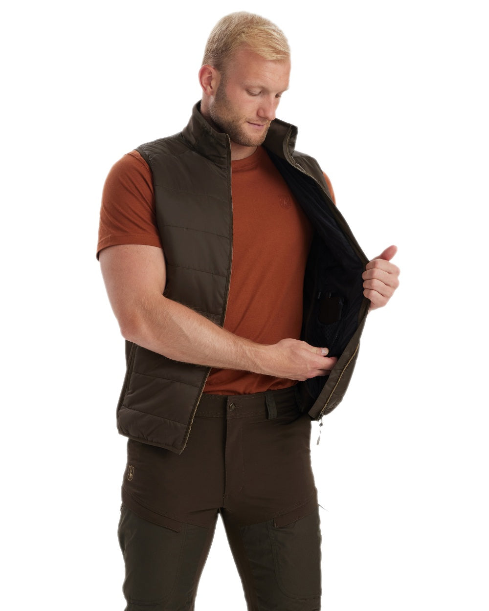 Wood Coloured Deerhunter Heat Padded Waistcoat on white background 