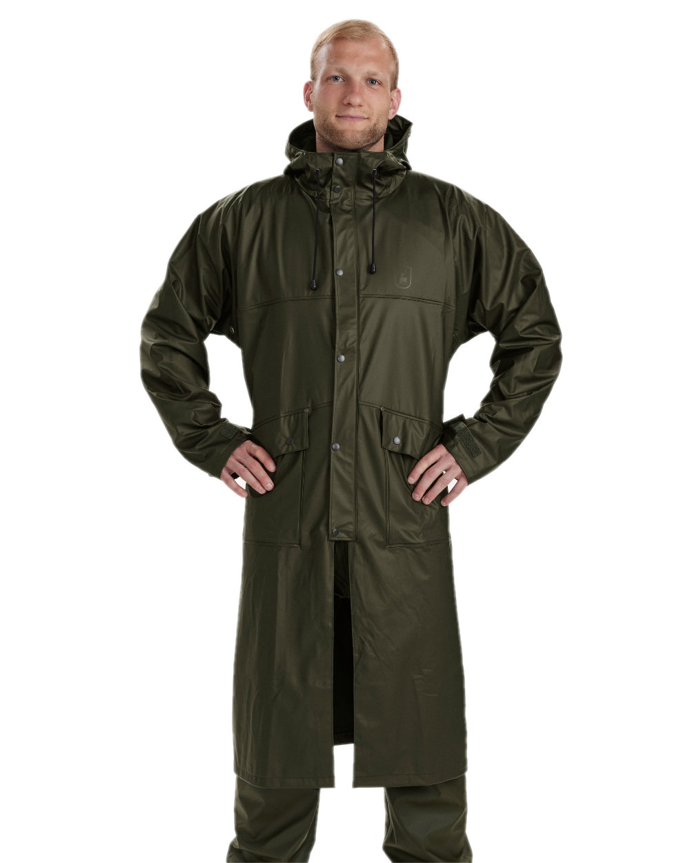 Art Green Coloured Deerhunter Hurricane Long Rain Coat on white background 